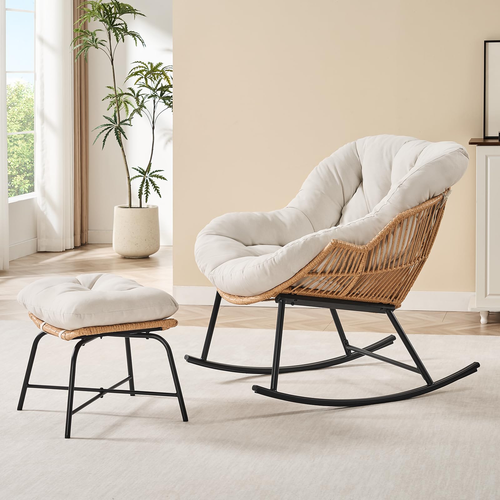 Outdoor Furniture Grey - เก้าอี้โยกปาปาซานหวายสีเทาพร้อมออตโตมัน เก้าอี้หวายทรงไข่ขนาดใหญ่สำหรับใช้ในร่มและกลางแจ้ง เก้าอี้โยกสำหรับสวน