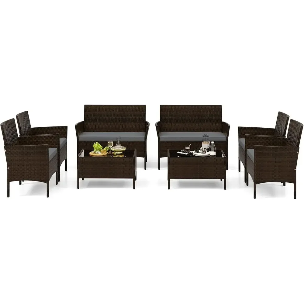 Outdoor Furniture Grey - ชุดเฟอร์นิเจอร์ลานบ้านหวายกลางแจ้ง 8 ชิ้น พร้อมเบาะรองนั่ง โซฟาแบบแยกส่วน โซฟาเลิฟซีท