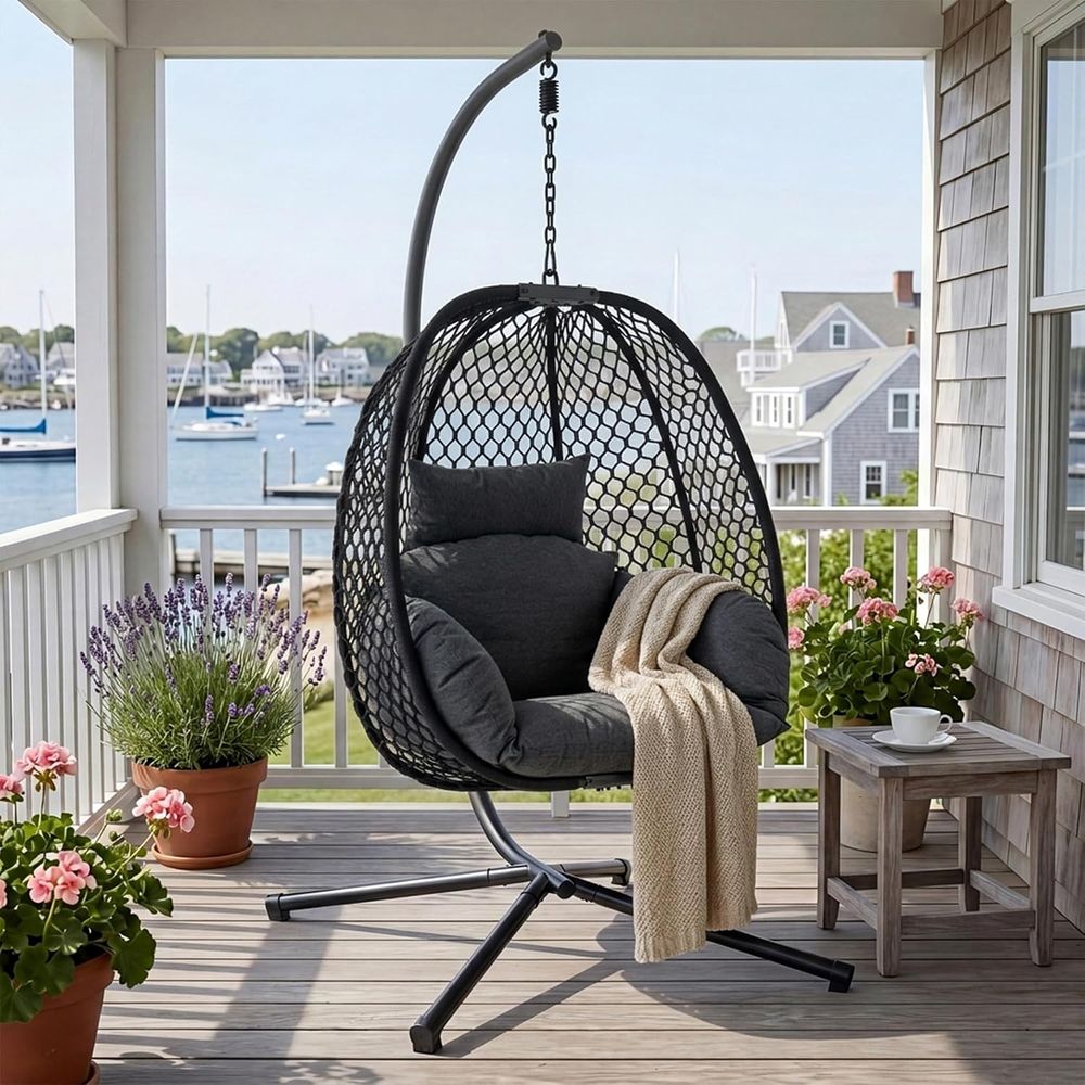 Outdoor Furniture Egg Chair - เก้าอี้ไข่แบบแขวนกลางแจ้งพร้อมขาตั้ง รับน้ำหนักได้ 400 ปอนด์ เก้าอี้หวายแบบแกว่ง เก้าอี้โยกสำหรับระเบียงพร้อมเบาะหนานุ่ม