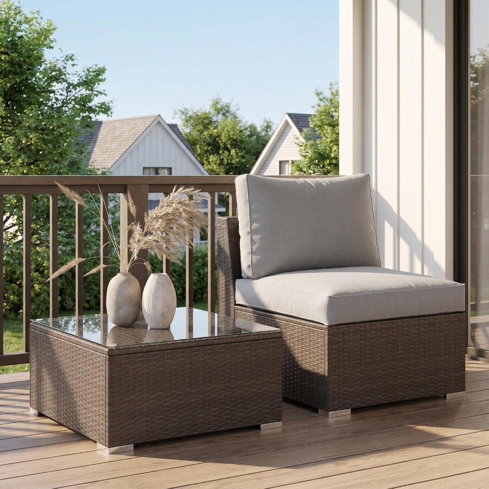 Outdoor Furniture Grey - ชุดเฟอร์นิเจอร์หวายสำหรับลานกลางแจ้ง 2 ชิ้น พร้อมเบาะรองนั่งที่ซักทำความสะอาดได้ เหมาะสำหรับทุกสภาพอากาศ ใช้ได้ในสวน
