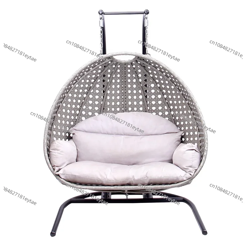 Outdoor Furniture Egg Chair - เก้าอี้หวายเทียมสีเทาแบบแขวนสำหรับ 2 ที่นั่ง สไตล์โมเดิร์น สำหรับสวนหรือระเบียง พร้อมขาตั้ง