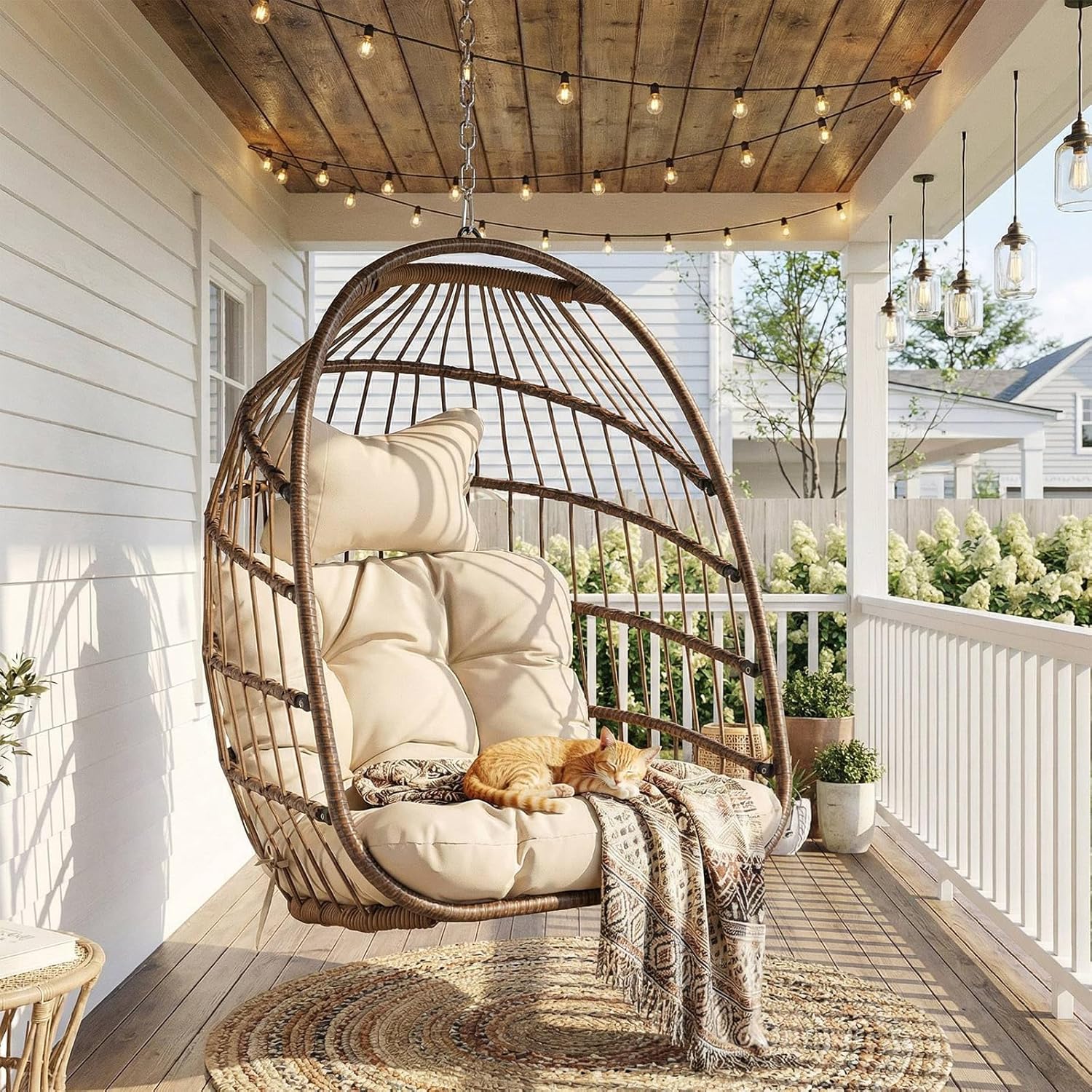 Outdoor Furniture Egg Chair - เก้าอี้ไข่แขวนกลางแจ้งแบบไม่มีขาตั้ง, เก้าอี้หวายทรงไข่แบบแกว่งสำหรับระเบียงพร้อมเบาะรองนั่ง, รับน้ำหนักได้ 350 ปอนด์, ติดตั้งบนเพดาน,