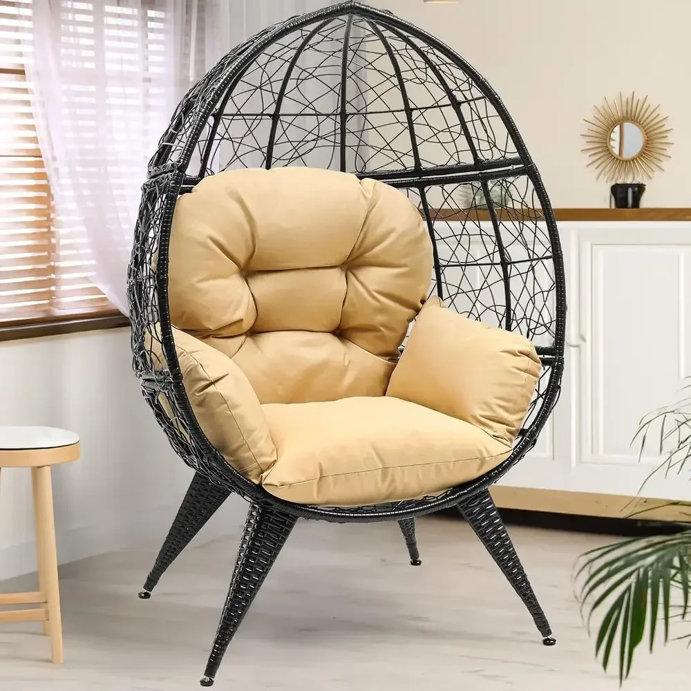 Outdoor Furniture Egg Chair - เก้าอี้ไข่หวายขนาดใหญ่พร้อมขาตั้งปรับระดับได้, เบาะรองนั่ง, และรองรับน้ำหนักได้ถึง 350 ปอนด์ สำหรับใช้งานในร่มหรือกลางแจ้ง