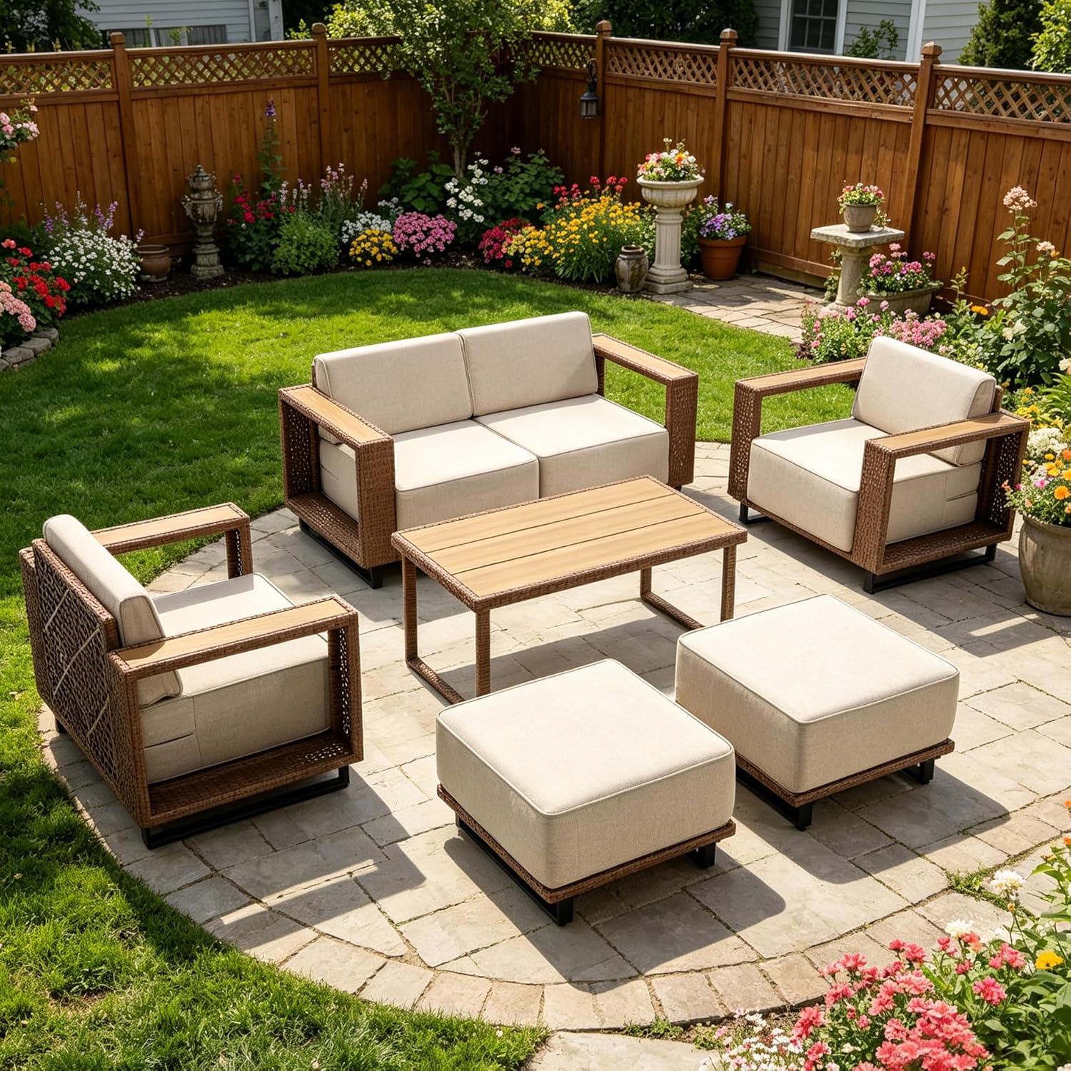 Outdoor Furniture On Sale - ชุดเฟอร์นิเจอร์สนามกลางแจ้ง 7 ชิ้น, ชุดโซฟาหวาย PE สำหรับทุกสภาพอากาศ,