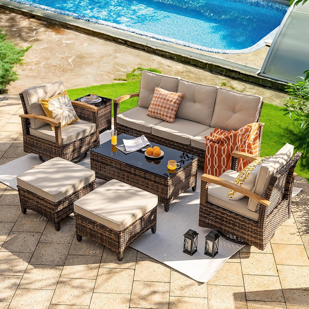 Outdoor Furniture Material - ชุดเฟอร์นิเจอร์ลานบ้าน 7 ชิ้น ชุดเฟอร์นิเจอร์หวายกลางแจ้งพร้อมเก้าอี้โยกหมุนได้ 2 ตัวมีที่วางแขนไม้