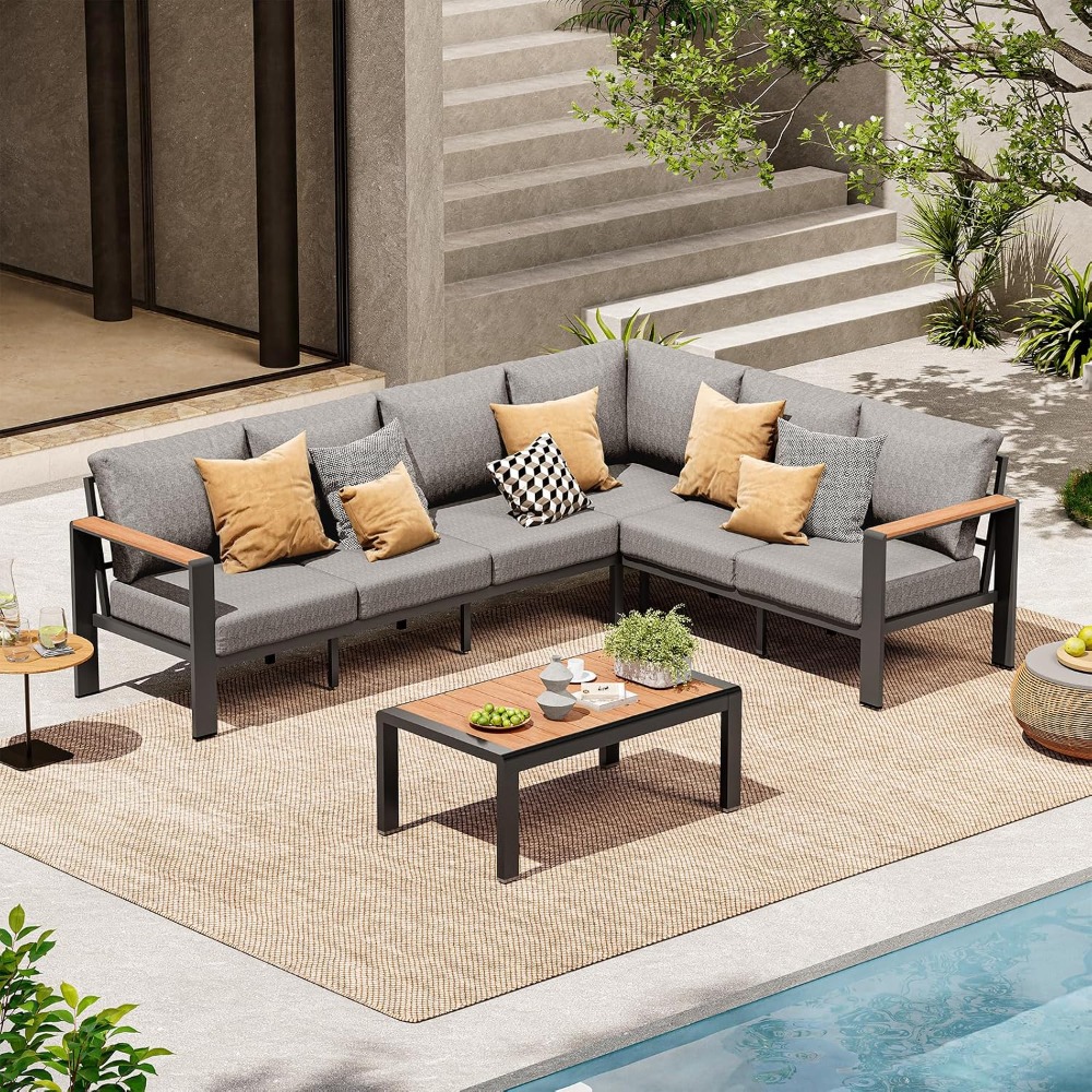 Outdoor Furniture For Sale - ชุดเฟอร์นิเจอร์อลูมิเนียมสำหรับลานกลางแจ้ง 6 ที่นั่ง พร้อมโต๊ะกาแฟ ขายดีในสหรัฐอเมริกา