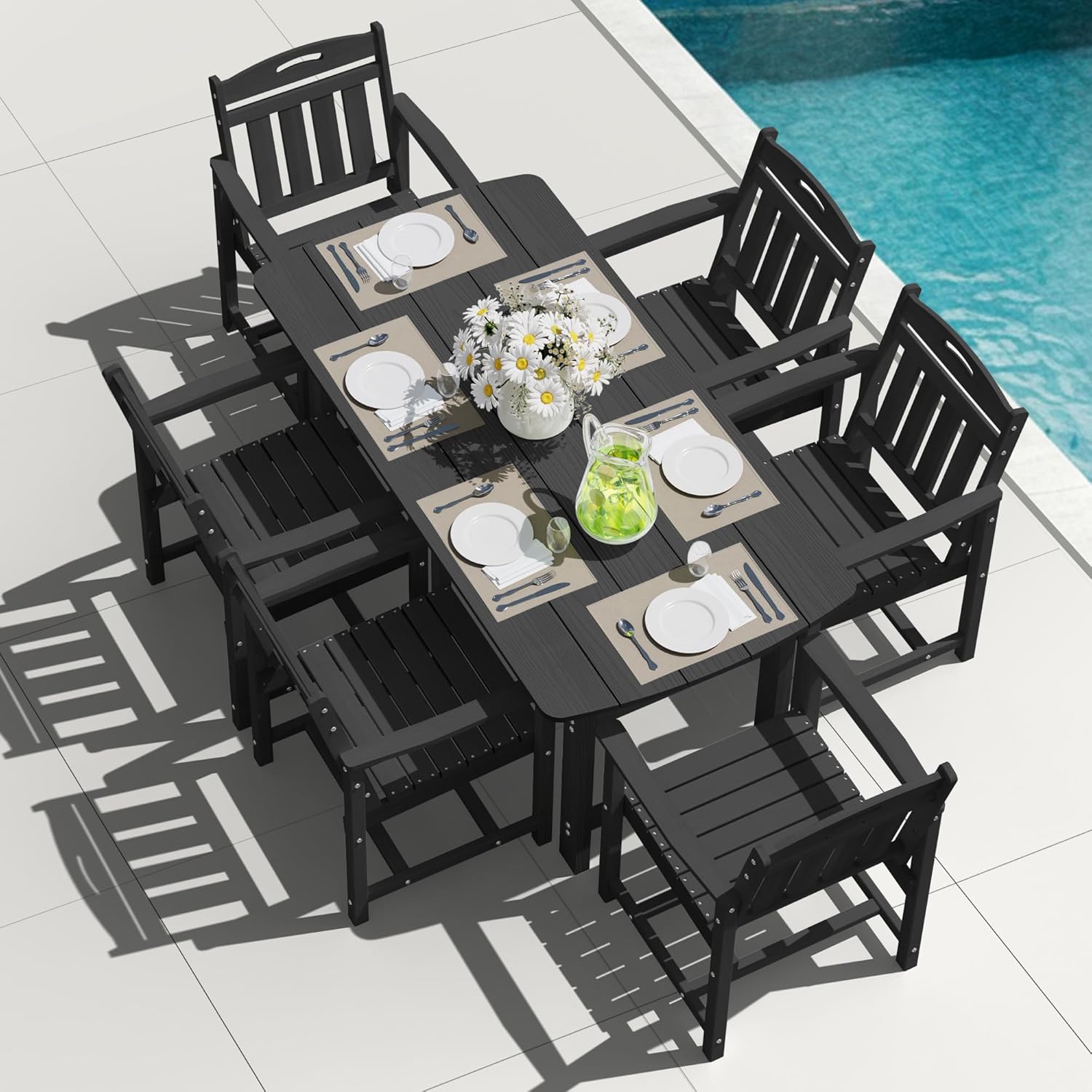Outdoor Furniture On Sale - ชุดโต๊ะรับประทานอาหารกลางแจ้ง HDPE, ชุดโต๊ะและเก้าอี้สำหรับลานบ้าน, ชุดโต๊ะและเก้าอี้ 7 ชิ้นสำหรับกลางแจ้ง