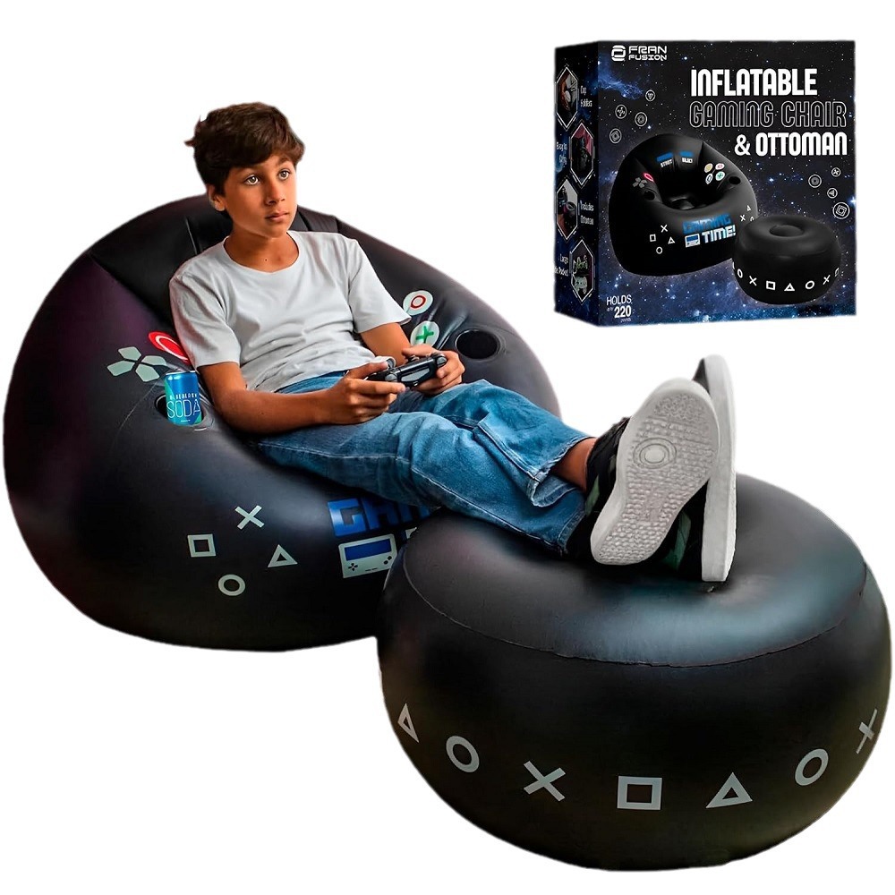 Outdoor Furniture Material - เก้าอี้เกมมิ่ง Creative Esports พร้อมที่วางแก้วและกระเป๋าข้าง เฟอร์นิเจอร์เป่าลม สีดำ